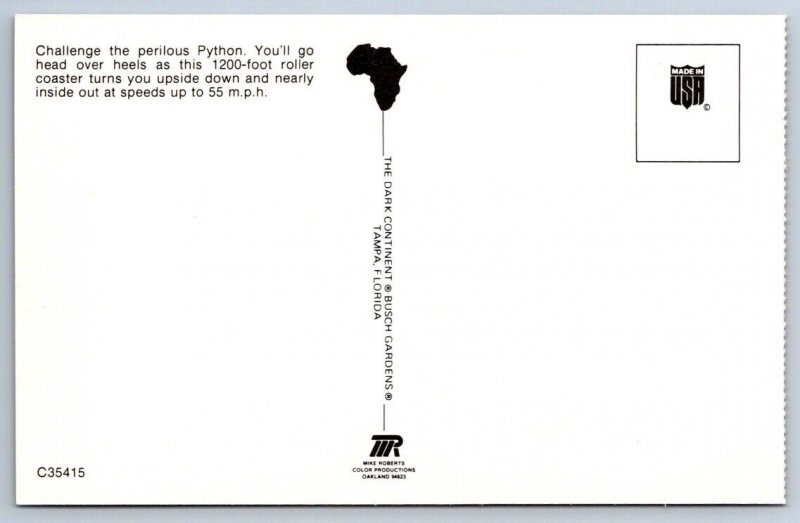 Python Rollercoaster, Busch Gardens, Tampa Florida FL, Vintage Chrome Postcard