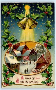 'A MERRY CHRISTMAS ~ Beautiful VILLAGE SCENE Bells, Holly c1910s  Postcard