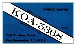 QSL Radio Card From East Greenwich R. I. Rhode Island KOA-5368