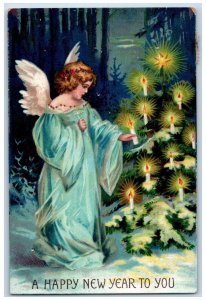 1908 New Year Angel Christmas Tree Candle Light Winter Snow Clapsaddle Postcard 