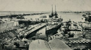 British Royal Navy HMS King Edward Leaving Gibraltar Dock Harbour WWI c.1910s
