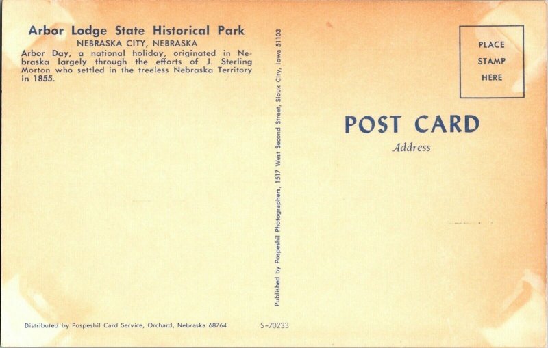 Arbor Lodge State Historical Park Nebraska City Day Holiday Vintage Postcard UNP 