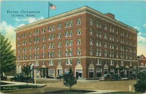 Washington Olympia Hotel 1920s Flag automobiles Teich Postcard 22-3665