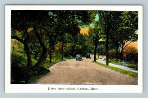 Groton MA-Massachusetts, Drive Near School, Automobiles, Vintage Postcard