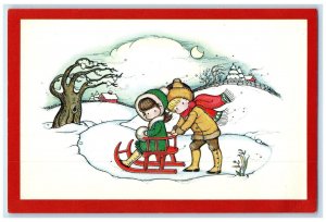 c1980's Children Sled Winter Handwarmer House Trees Joan Walsh Vintage Postcard