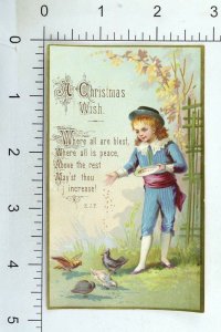 1880's Victorian Christmas Card Poem Fancy Boy Feeding Birds P105