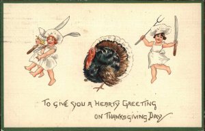 Thanksgiving Child Chefs Carving Tools Turkey Embossed 1900s-20s Vintage PC