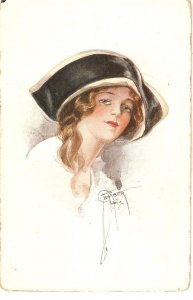 Curt Barber. Pretty lady. Fantasy Hat Old vintage German postcard. Artist sign