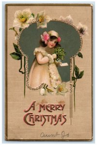 c1910's Christmas Pretty Girl Holding Mistletoe Flowers Embossed Postcard