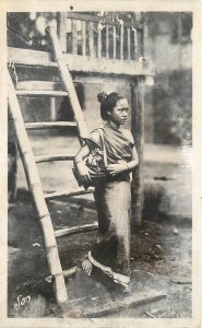 Postcard 1930s Laos French Indonesia Ethnic Woman Basket Ladder 23-710