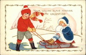 Christmas Children Cute Kids Winter Clothes Sledding Vintage Postcard