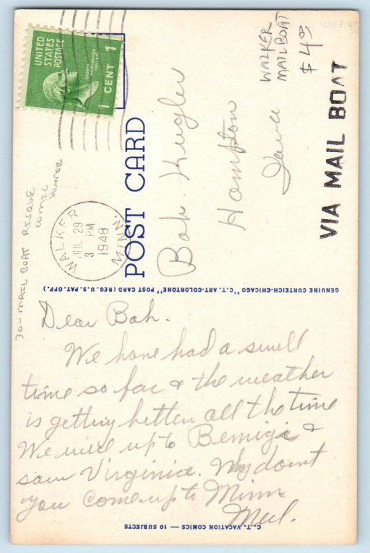 Walker Minnesota MN Postcard Met A Nice Boy Here Mail Boat Risque Comic Humor