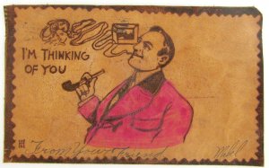 1906 ANTIQUE UNDIVIDED LEATHER POSTCARD PIPE SMOKING MAN sent to WITMER PA