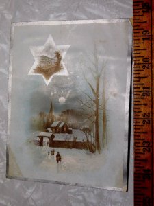 1886 Elm St Tea Store Christmas Star of David Mica Victorian Trade Card A0