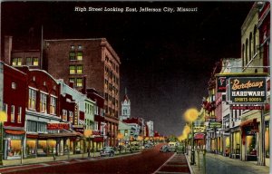 Jefferson City Missouri High Atreet At Night Linen Postcard W6