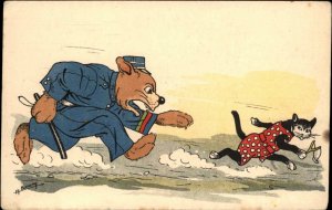 Fantasy - Dog Police Officer Chasing Delinquent Cat w/ Slingshot Postcard