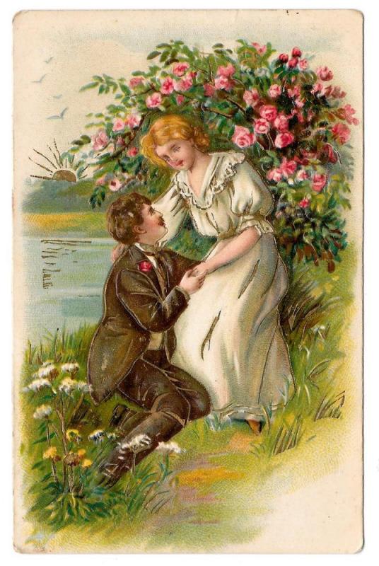 Romance Couple Man at Womans Knee Lovers Roses Vntg Postcard