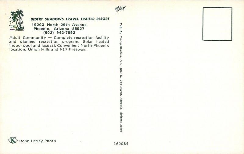 Phoenix Arizona~Desert Shadows Travel Trailer Resort Pool~1950s Postcard