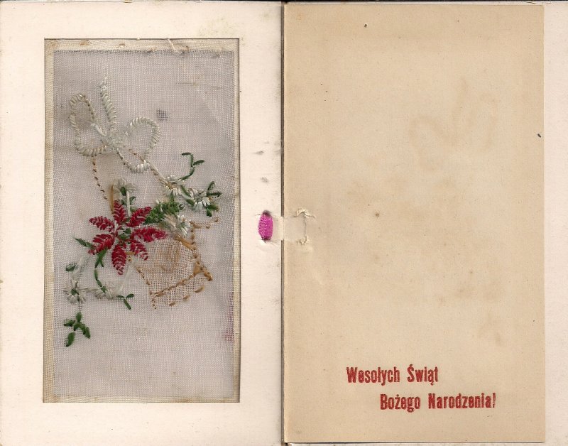 EMBROIDERED Polish Christmas Card, Poland, Pointsettia Flower, Hand Work 1930's?