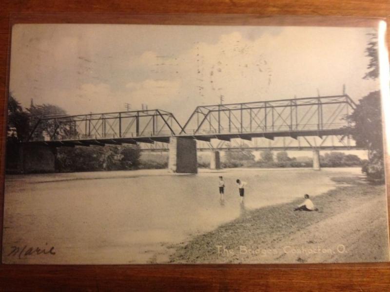 1907 COSHOCTON Ohio Postcard The Bridges County People River Railroad