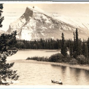 c1950s Banff AB Mount Rundle RPPC Postcard Byron Harmon Canadian Rockies Canoe