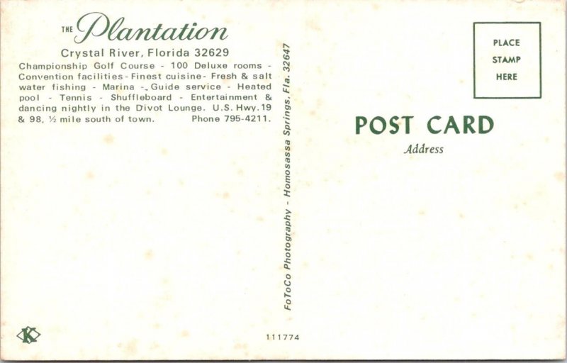 Crystal River, FL Florida  PLANTATION HOTEL & GOLF COURSE  ca1960's Postcard