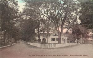 Hand-Colored Postcard; Junction Church & Elm Streets, Damariscotta ME Lincoln Co