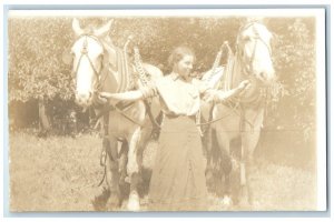 c1910's Horses And Woman Scene Field RPPC Photo Unposted Antique Postcard