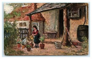 Tucks Oilette 'Thirsty Flowers' Cottage J. A. Heyermans England UK Postcard