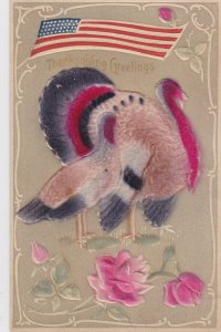 Thanksgiving Greetings With Turkey and Flag Embossed