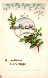 Christmas With Winter Scene and Holly 1916