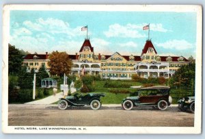 1923 Lake Winnipesaukee New Hampshire Postcard Hotel Weirs Classic Cars Building