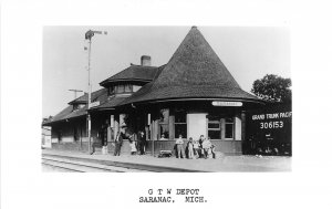 J36/ Saranac Michigan RPPC Postcard c1950s GTW Railroad Depot Station 260