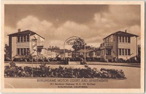 BURLINGAME MOTOR COURT Apartments Roadside San Mateo Co 1930s Vintage Postcard