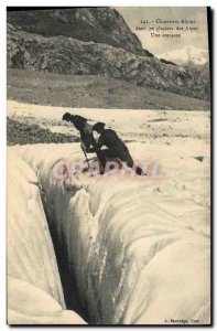 Old Postcard Militaria Alpine hunters in the glaciers of the Alps A rift