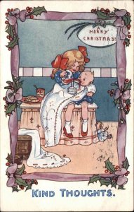 Christmas Little Girl Feeding Jam to Baby Sibling c1910 Vintage Postcard