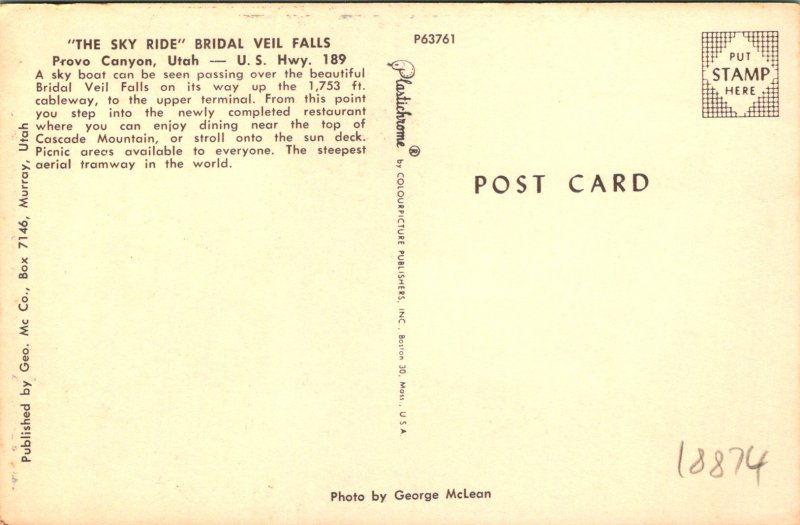 Provo Canyon UT Sky Ride Bridal Veil Falls Postcard unused (18874)
