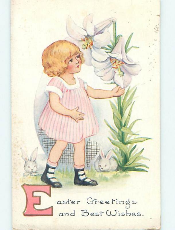 Pre-Linen BUNNY RABBITS WATCH CUTE GIRL BESIDE GIANT EASTER LILY FLOWERS hr2531