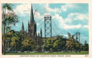 Vintage Postcard 1955 Ambassador Bridge and Assumption Church Windsor Canada