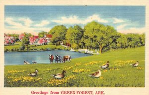 AR, Arkansas GREEN FOREST Greetings COWS~DUCKS Carroll Co c1940's Linen Postcard