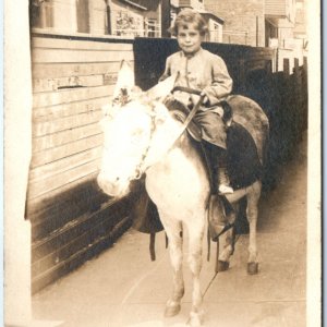 c1900s Cute Little Boy Riding Pony RPPC Town Alleyway Mature Real Photo PC A135