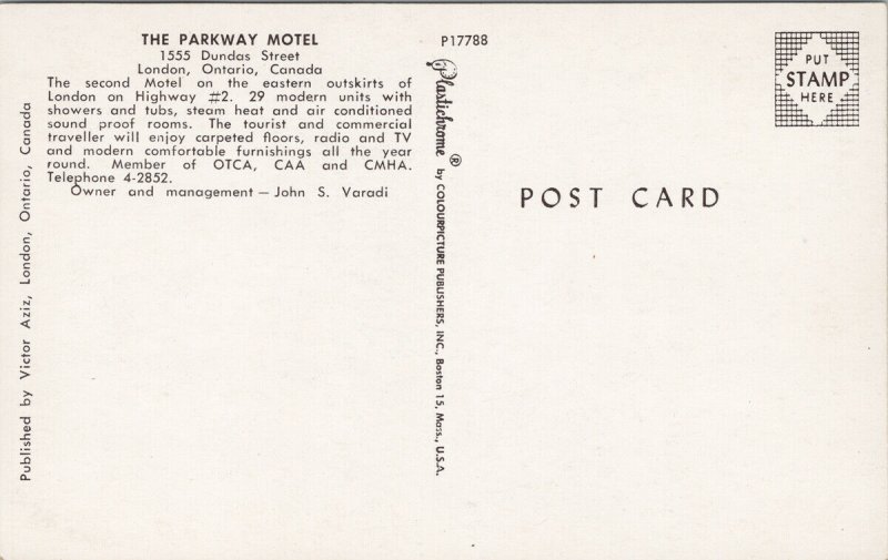 London Ontario The Parkway Motel Dundas Street Unused Postcard G57