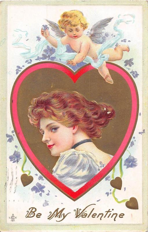 C4/ Valentine's Day Love Holiday Postcard 1912 Lackawanna NY Girl Gold Cupid 15