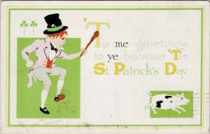 St. Patrick's Day Greeting Green Leprechaun Pig c1918 Postcard D73