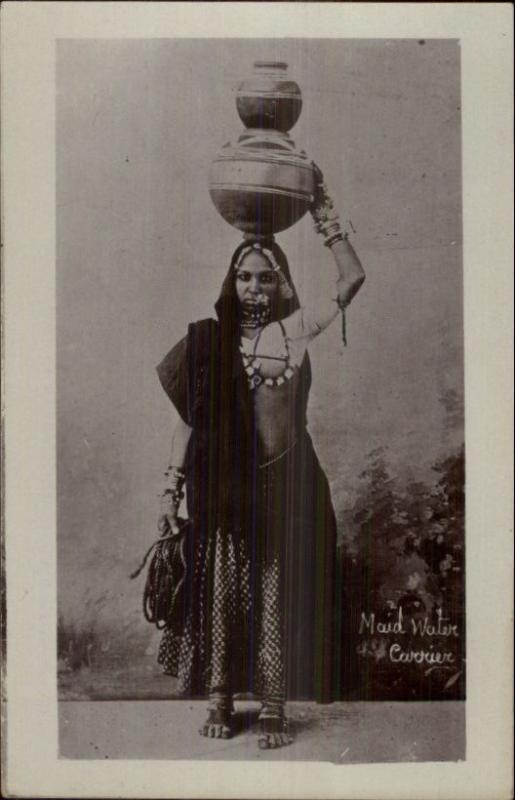 India Native Woman Costume Maid Water Carrier c1910 Real Photo Postcard dcn