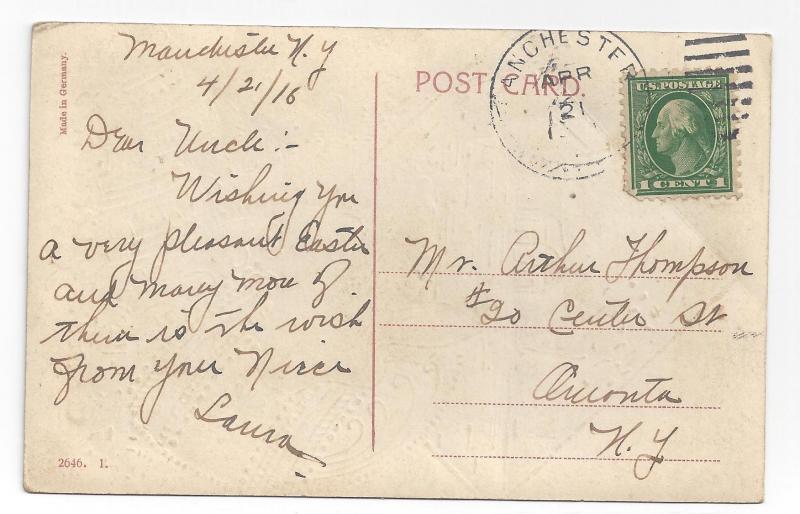 Vintage Easter Postcard Rabbit in Gilded Egg German Gel 1916