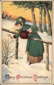 Christmas Stecher 747D Pretty Young Girl Beautiful Green Coat Vintage PC