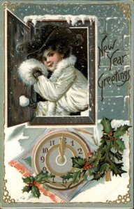 Tuck New Year Beautiful Woman in Window Fur Muff Embossed c1910 Vintage Postcard