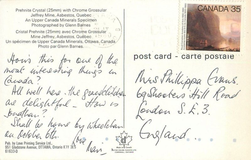 Canada Postcard Mineral specimen prehnite crystal