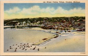 Postcard MI Petoskey Winter Fishing Village Aerial View RARE LINEN 1940s S15